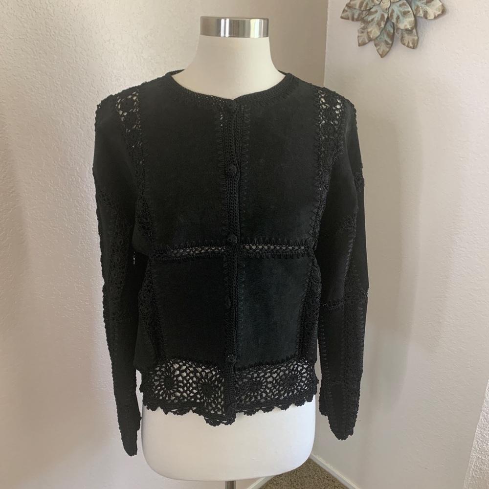 Scully Leather Black Paneled Crochet Jacket